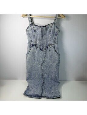 NWT Sage + Paige Acid Wash Denim Corset Midi Dress Bodycon Slit & Pockets Size M